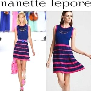 Vintage Nanette Lepore RUNWAY  CROCHET Mesh DRESS Sz S Blue Pink Knit Glam $398